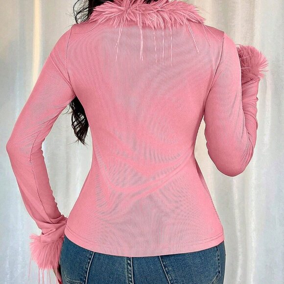 Pink Casual Women's Fringed V-Neck Knit Cardigan - Picture 2 of 4